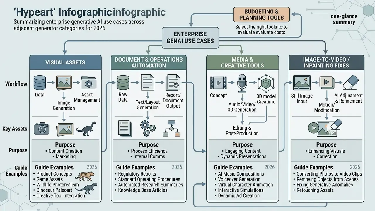 Diagram mapping enterprise GenAI use cases across visual assets, document automation, and media tools