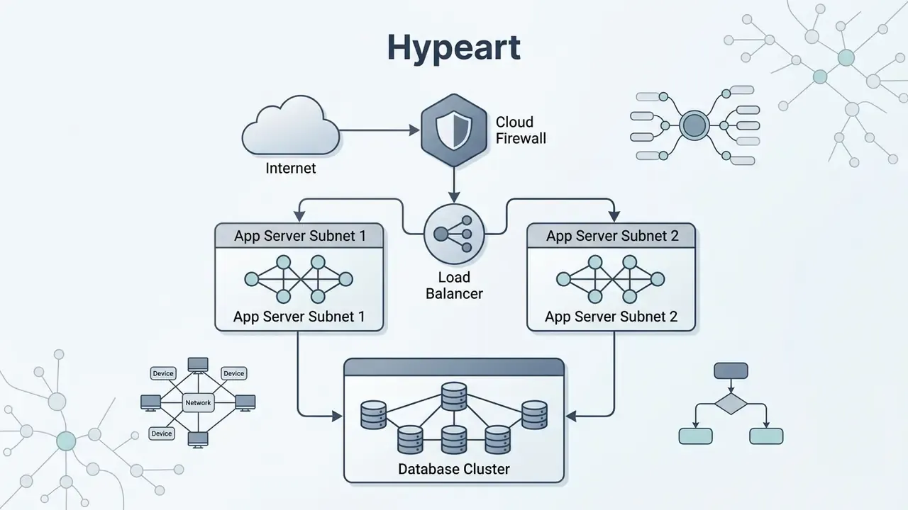 Network architecture diagram showing traffic flow from the internet through a firewall and load balancer