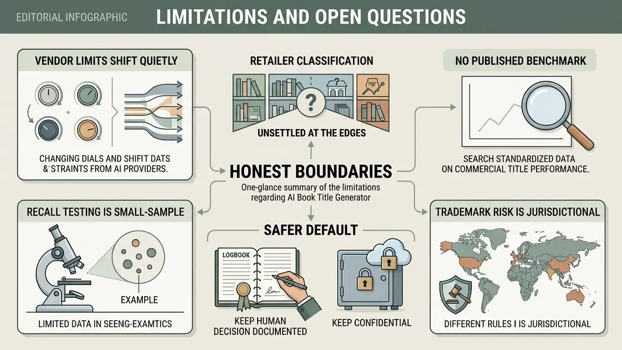 Infographic showing five key challenges and safety practices for automated book titling processes