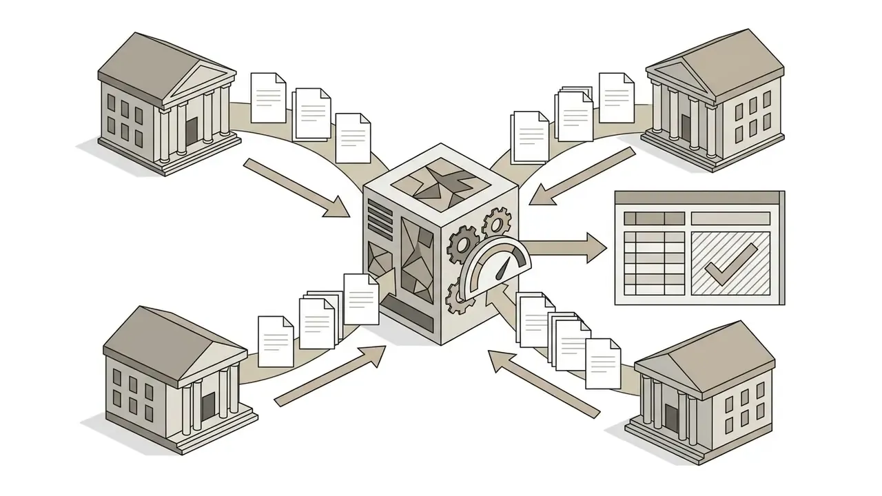 Bank buildings sending document stacks into a central processing unit that outputs a compliance report