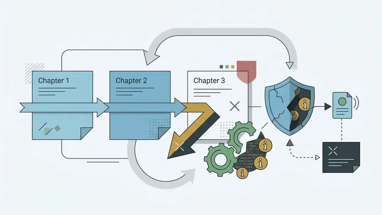 Process flow showing chapters leading to a plot twist with gears and a shield icon representing information