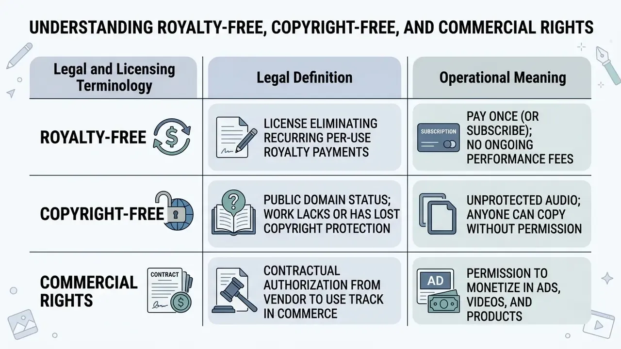 Table defining royalty-free, copyright-free, and commercial rights terminology for music licensing