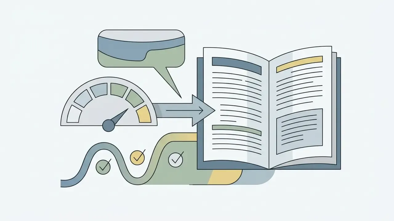 Speedometer and data chart pointing toward an open book with text and checkmarks along a wavy line