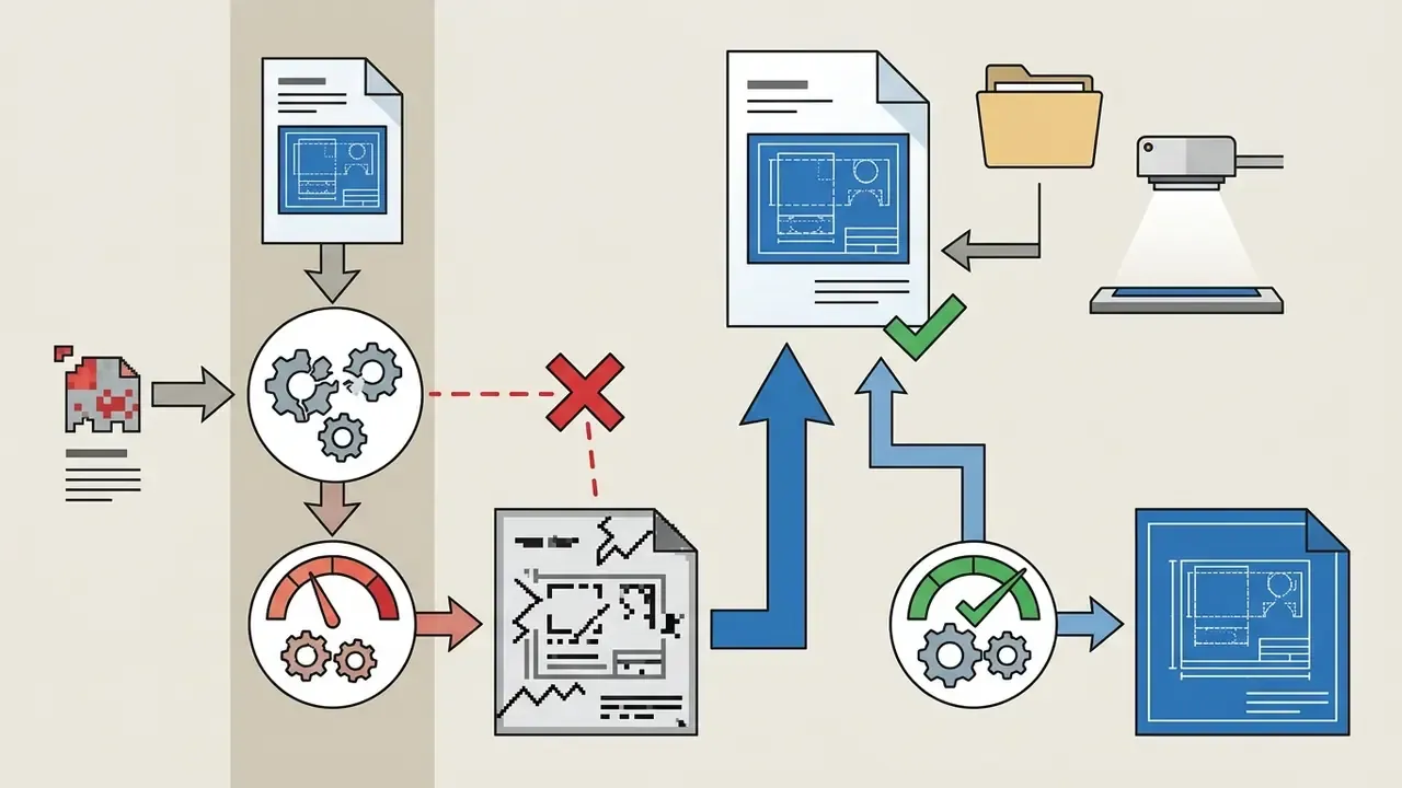 Workflow showing a failed attempt to process low quality input versus a successful scan and refinement