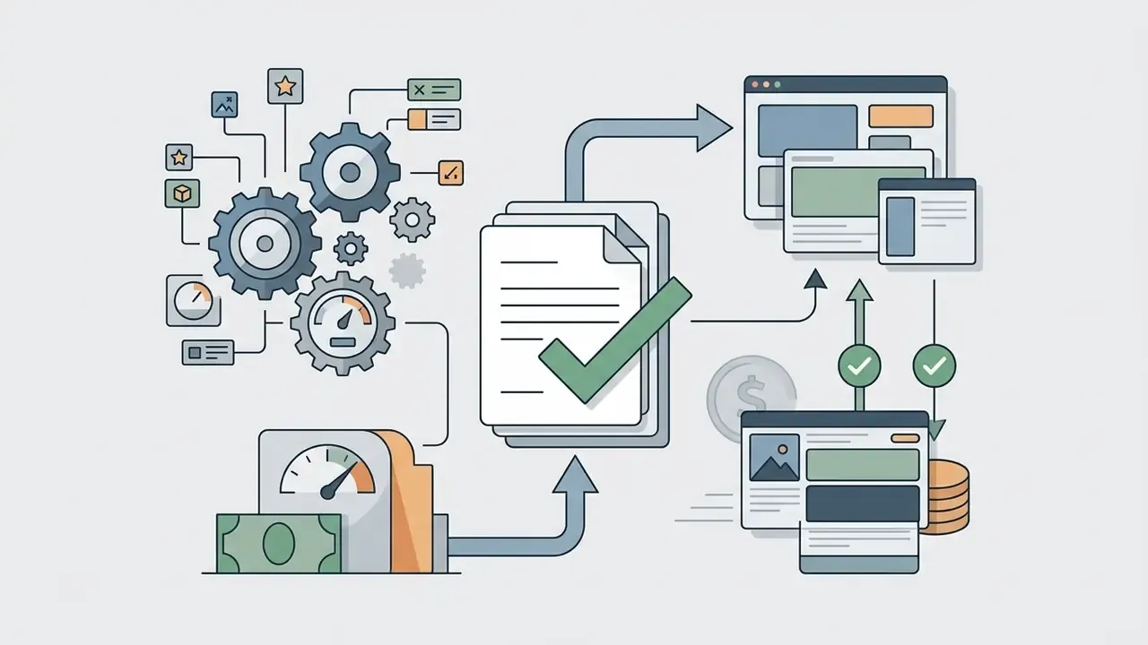 Gears and gauges connecting to a verified document that feeds into digital layouts and financial icons