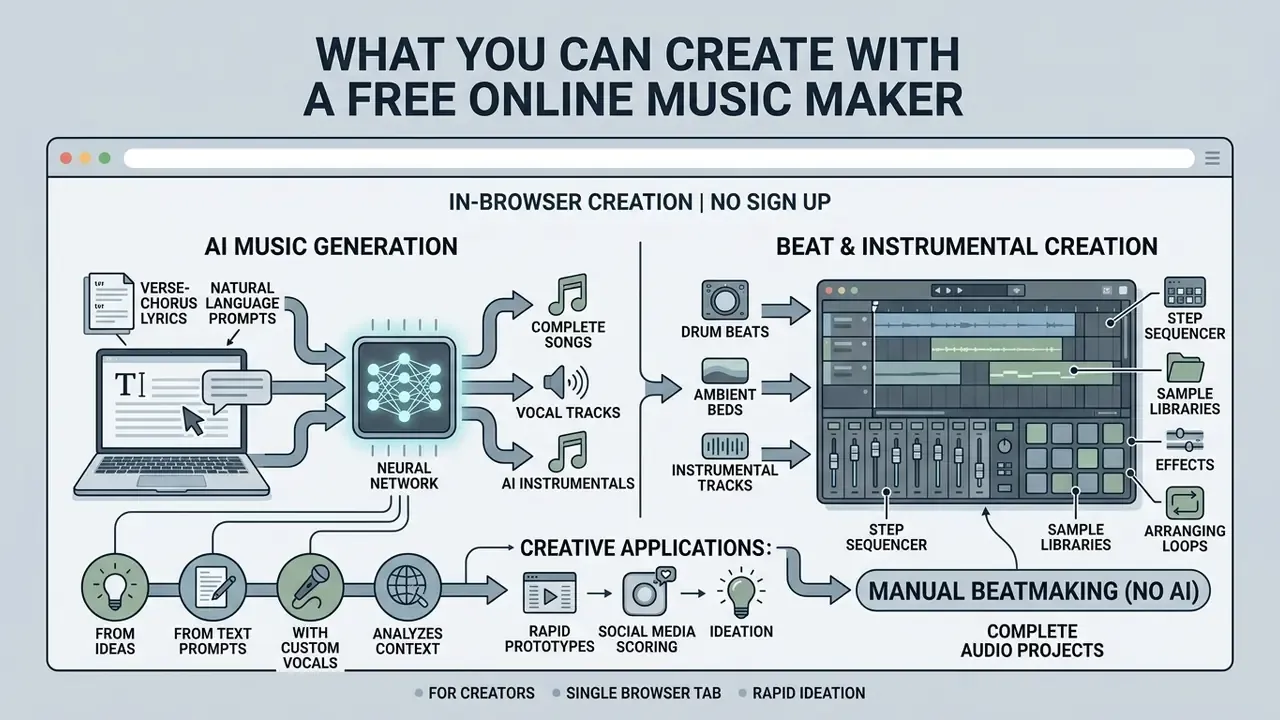Infographic showing how a free online music maker uses AI and manual tools to create audio projects