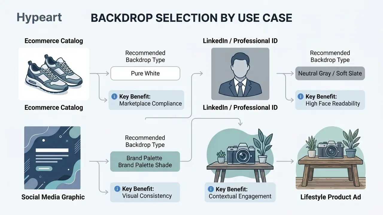 Table mapping specific photography use cases to recommended backdrop types and their primary benefits