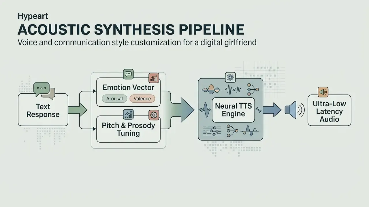 Flowchart showing text response processing through emotion and pitch tuning into neural audio output