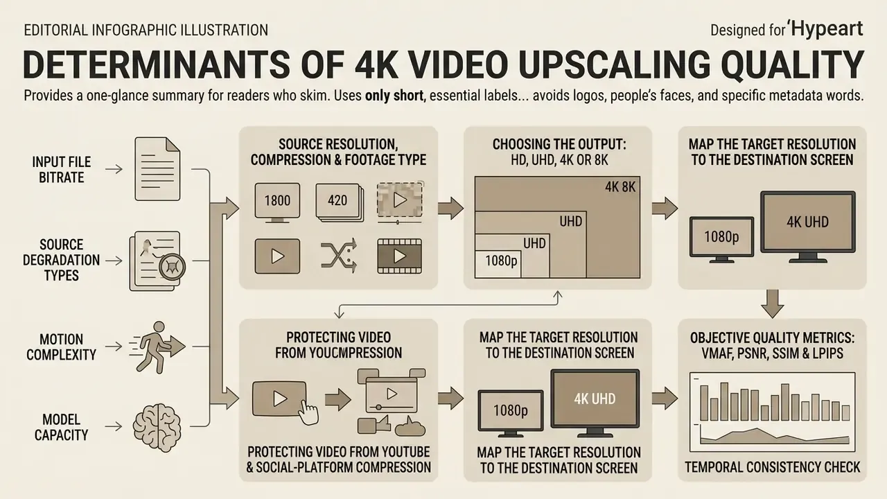 Infographic detailing factors influencing 4K video upscaler output quality through a multi-stage process