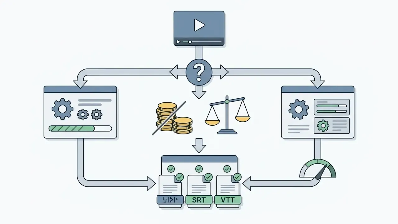 Decision path showing video processing options for zero budget tools that output clean subtitle files
