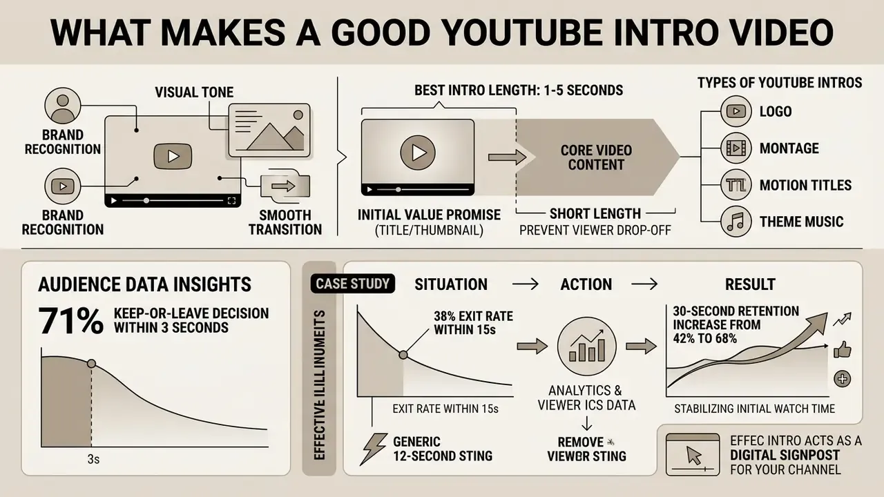 Infographic showing optimal YouTube intro length, types of intros, and viewer retention data statistics