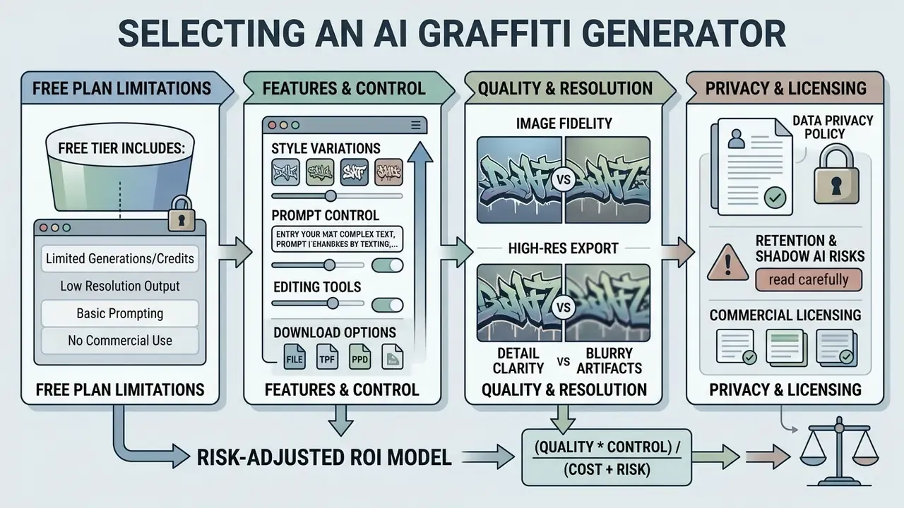 Flowchart outlining criteria for evaluating an AI graffiti generator including plan limits and privacy