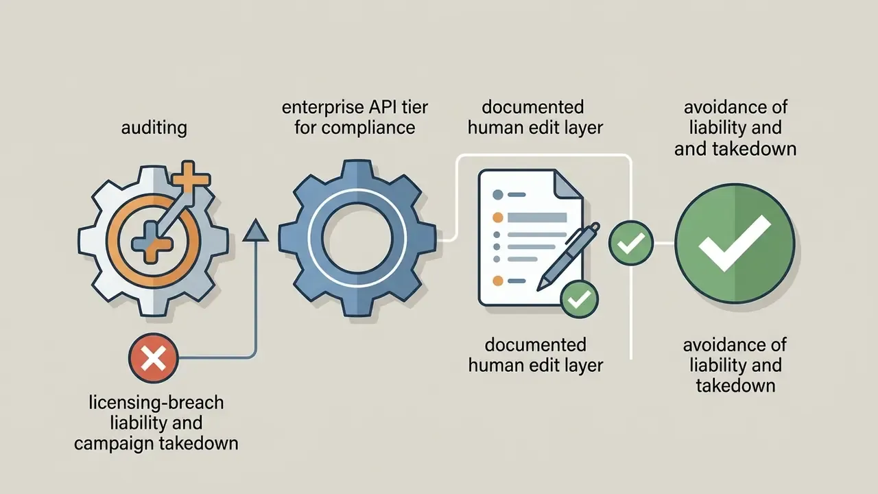 Stepwise process showing auditing, enterprise API adoption, and human editing to avoid legal liability