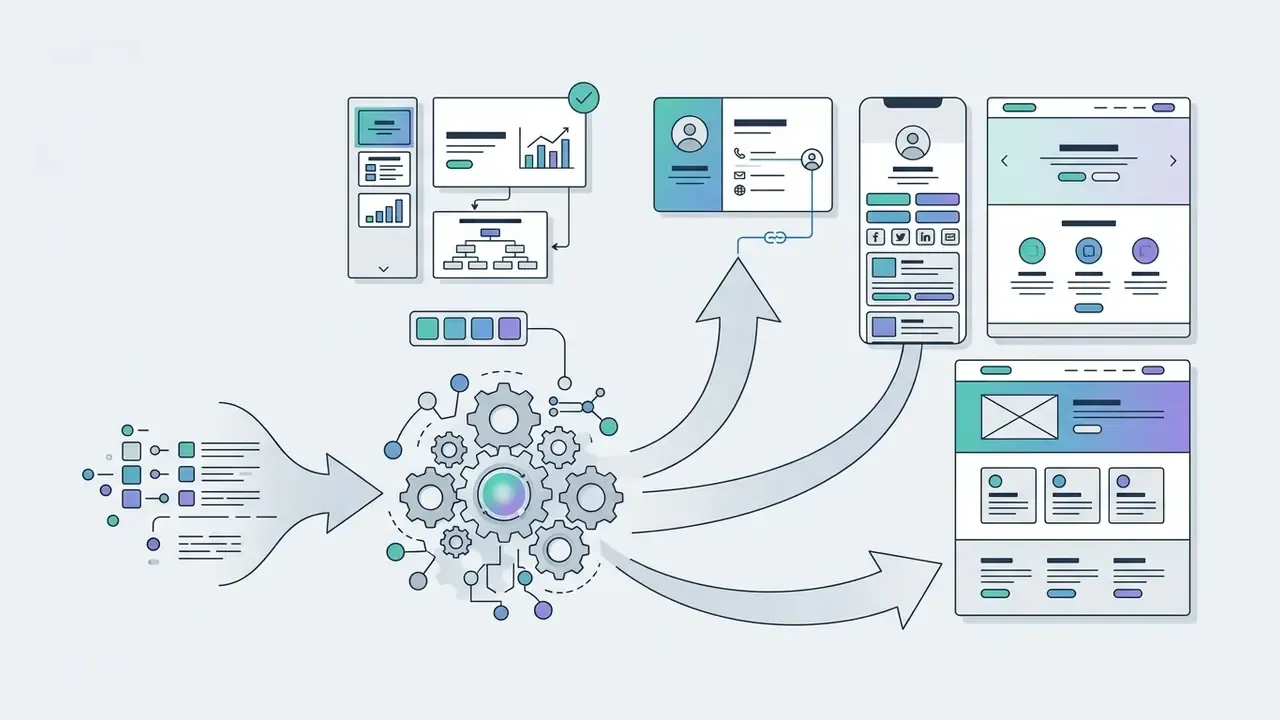 Gear mechanism processing business data into mobile profiles and web page layouts