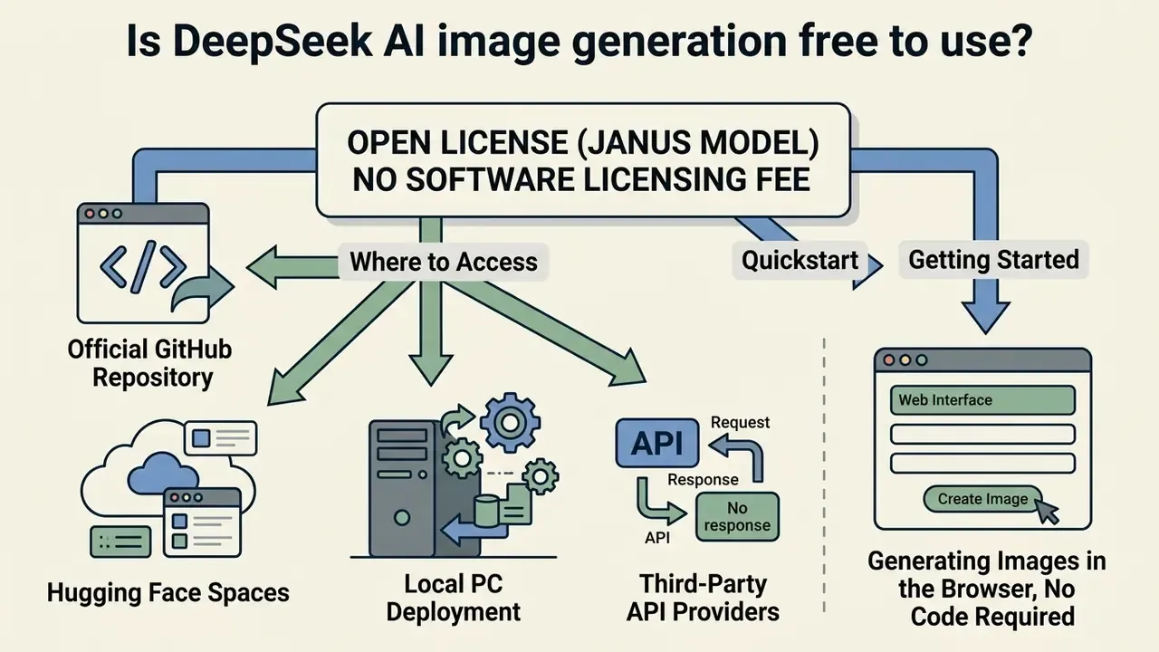 Flowchart outlining access methods for the Janus model and its open license for image generation