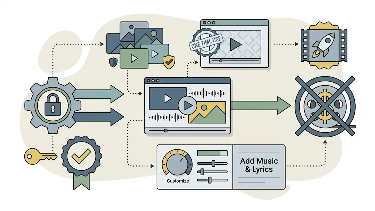 Gear mechanism unlocking media assets for editing and licensing to prevent unauthorized commercial use