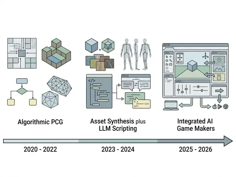 Horizontal timeline showing the progression from algorithmic PCG to asset synthesis and integrated software