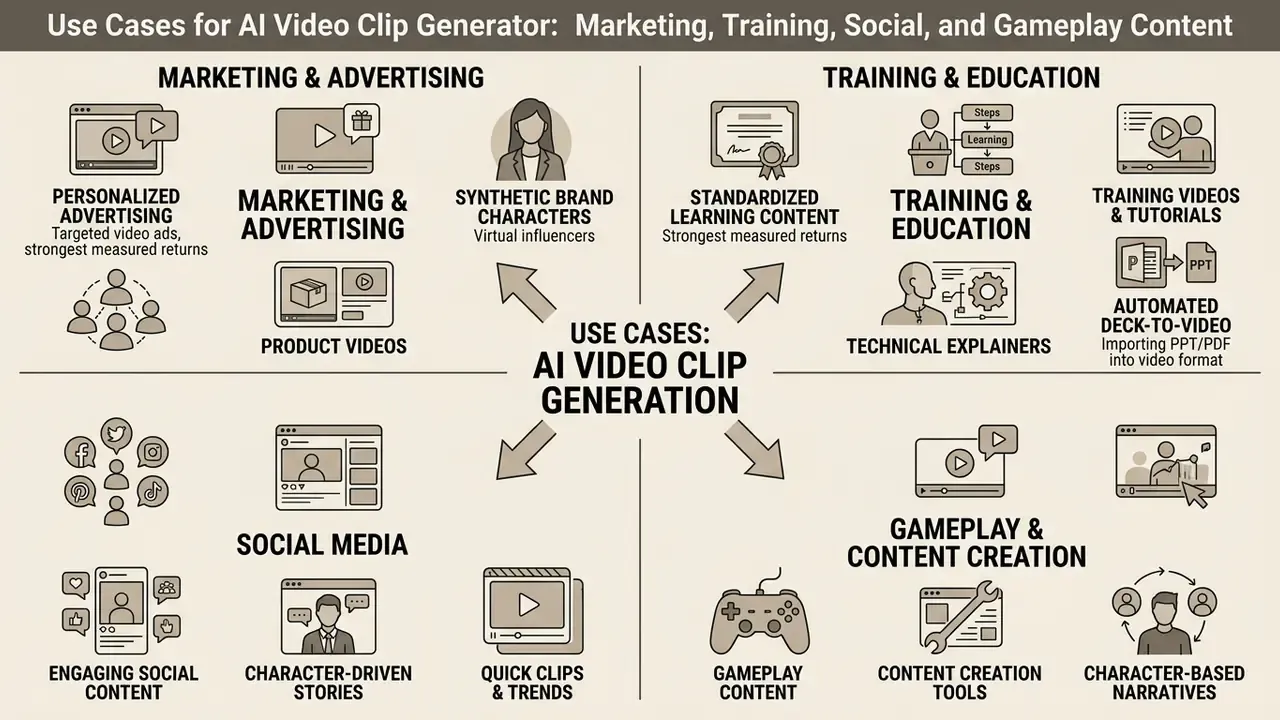 Categorized icons showing AI video clip generator applications for marketing, training, social, and gaming