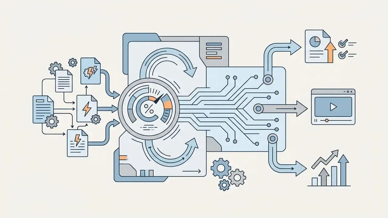 Documents and energy icons feeding into a percentage gauge and circuit board to generate media outputs