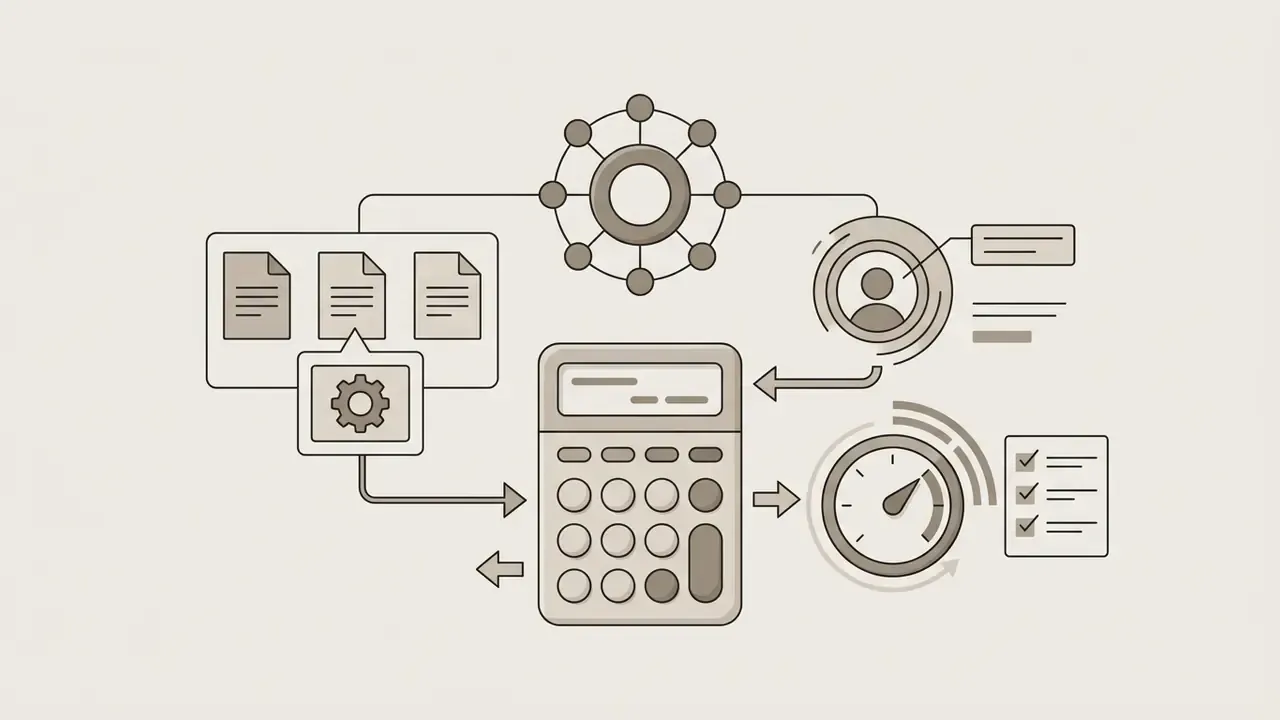 Calculator icon linked to document files, user profiles, a gauge, and a checklist of tasks