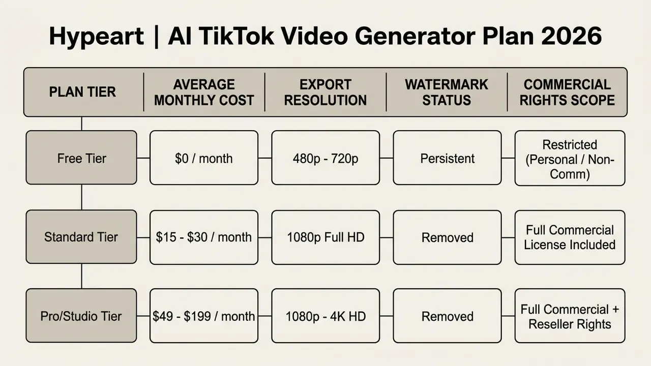 Comparison table outlining cost, resolution, watermarks, and commercial rights for three service tiers