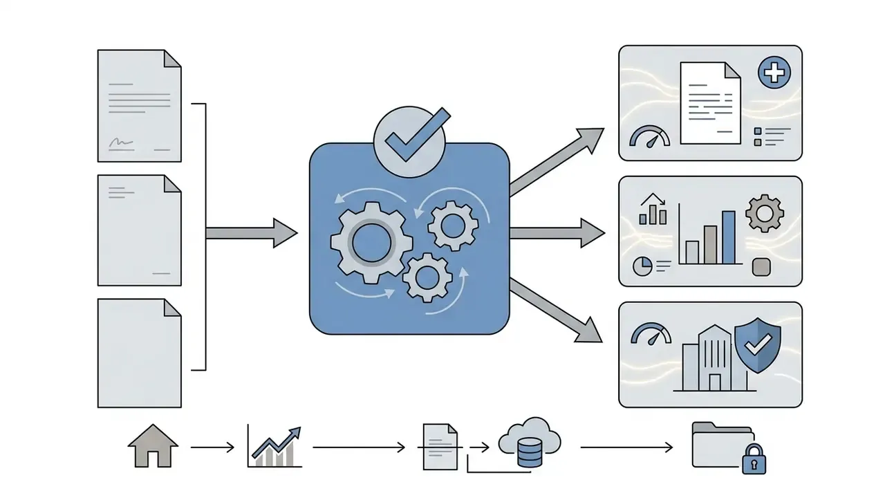 Documents feeding into a central gear processing unit that outputs animated healthcare and financial clips