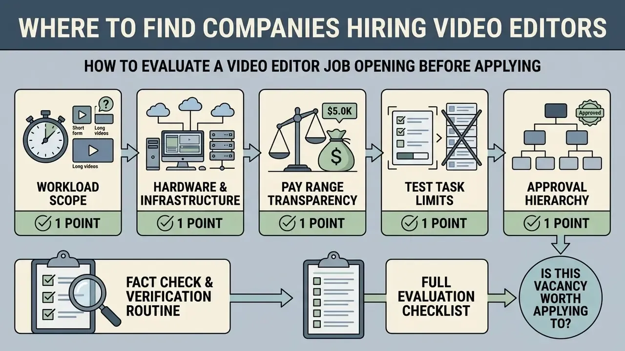 Five-point scorecard for assessing video editor job openings based on workload, pay, and approval processes