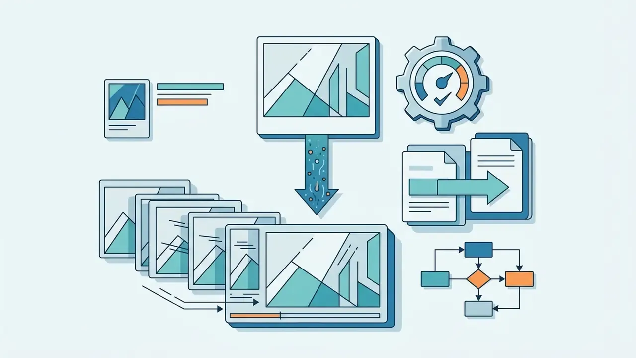 Single image frame flowing through a processing arrow to become a sequence of animated video frames