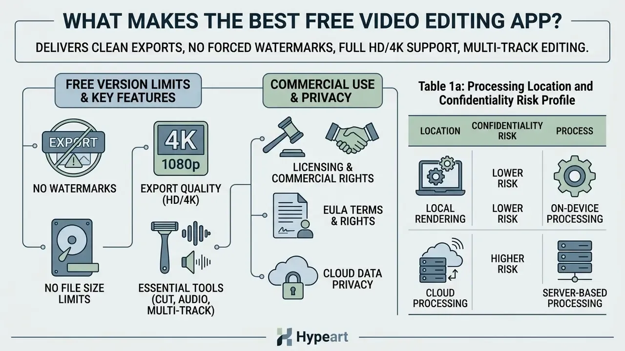 Infographic detailing features like export quality and privacy risks for selecting a free video editing app