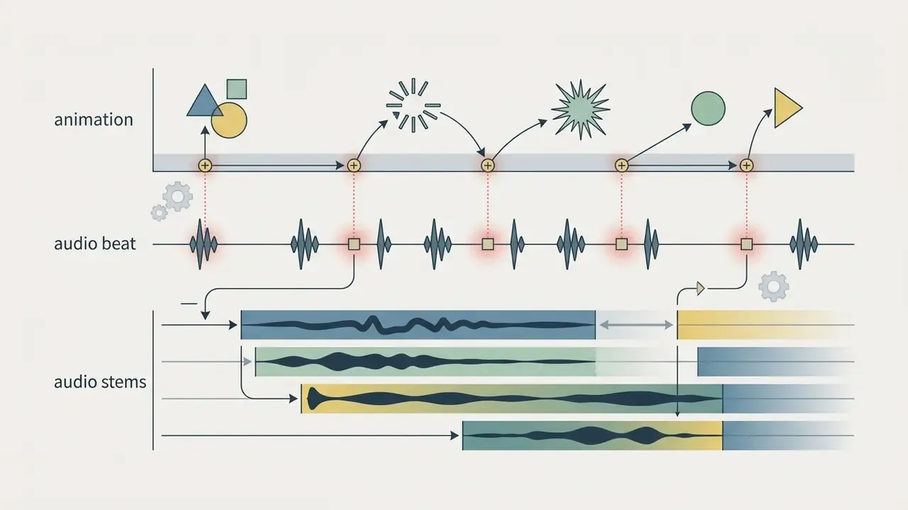 Timeline showing animation frames synced to specific audio beats and layered audio stems