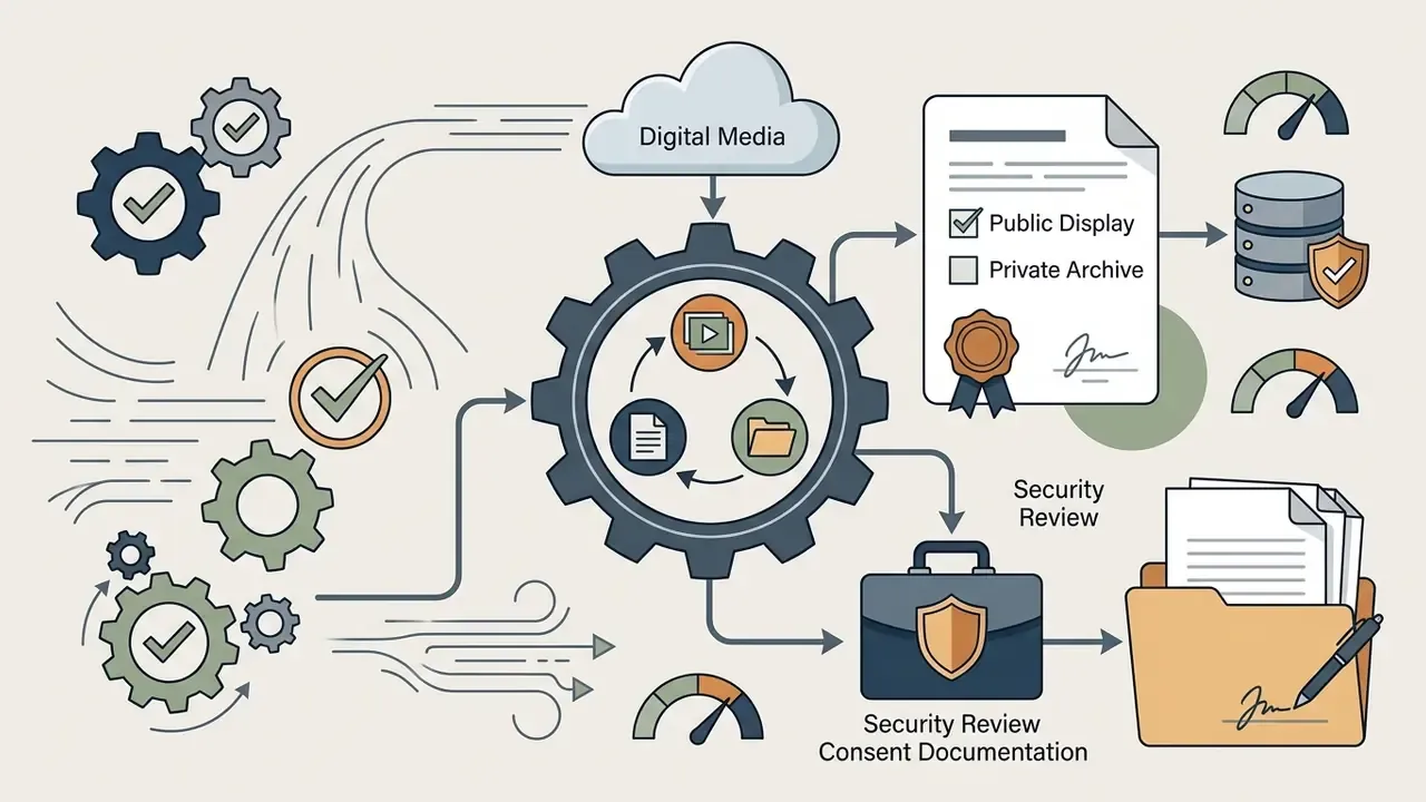 Digital media flowing through a central gear process into consent documents and protected storage