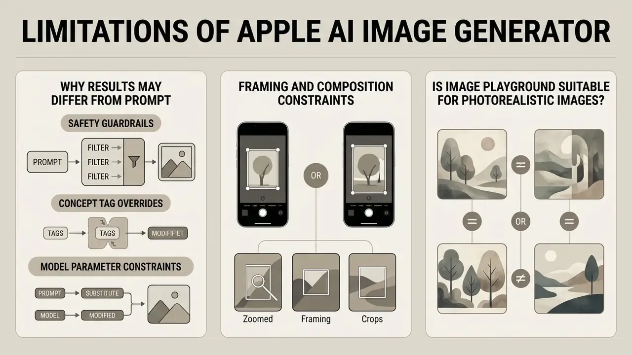 Three-column infographic explaining technical guardrails, framing options, and photorealism capabilities