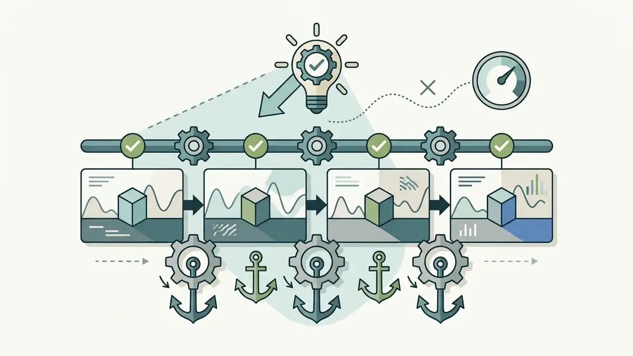 Sequence of frames showing a cube with consistent lighting anchored by gears and a central lightbulb icon