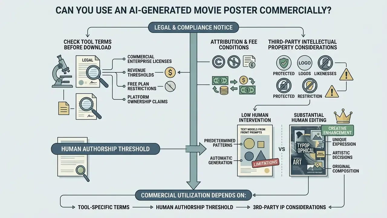 Decision tree outlining legal, authorship, and intellectual property factors for commercial art usage