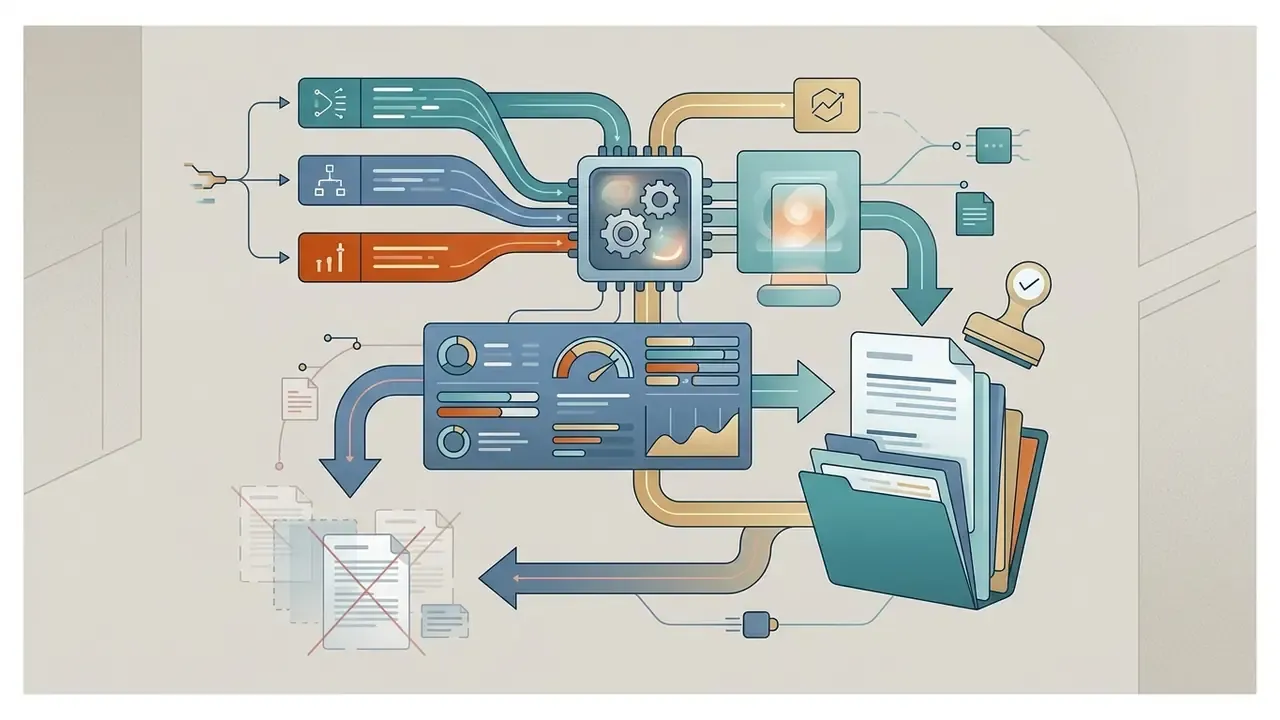Data streams flowing through a central processor and dashboard to populate a folder of verified documents