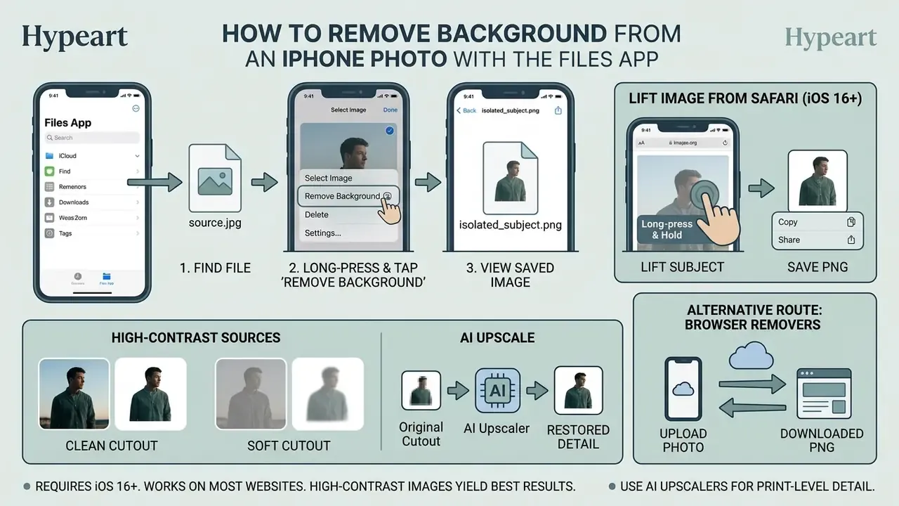 Steps for removing photo backgrounds using the Files app and Safari on an iPhone