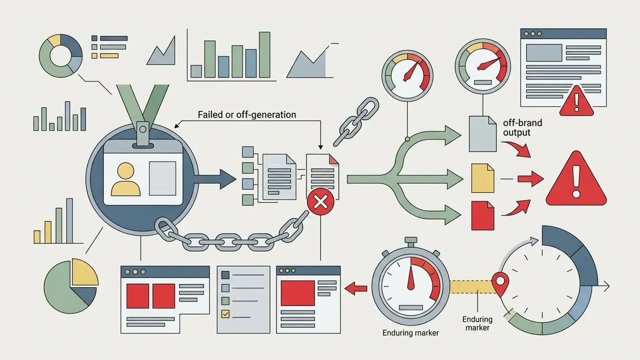 Diagram showing employee ID badges chained to failed video outputs and persistent off-brand markers