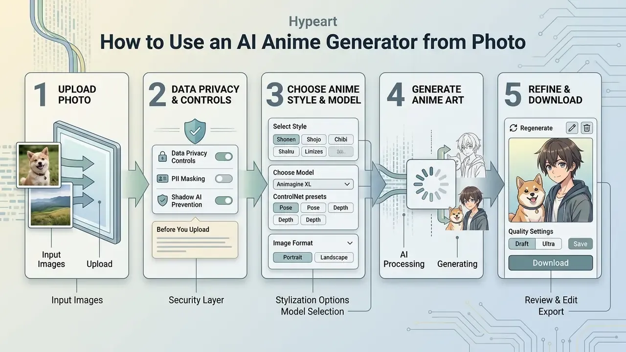 Five step workflow diagram outlining the process of uploading photos to generate stylized anime artwork