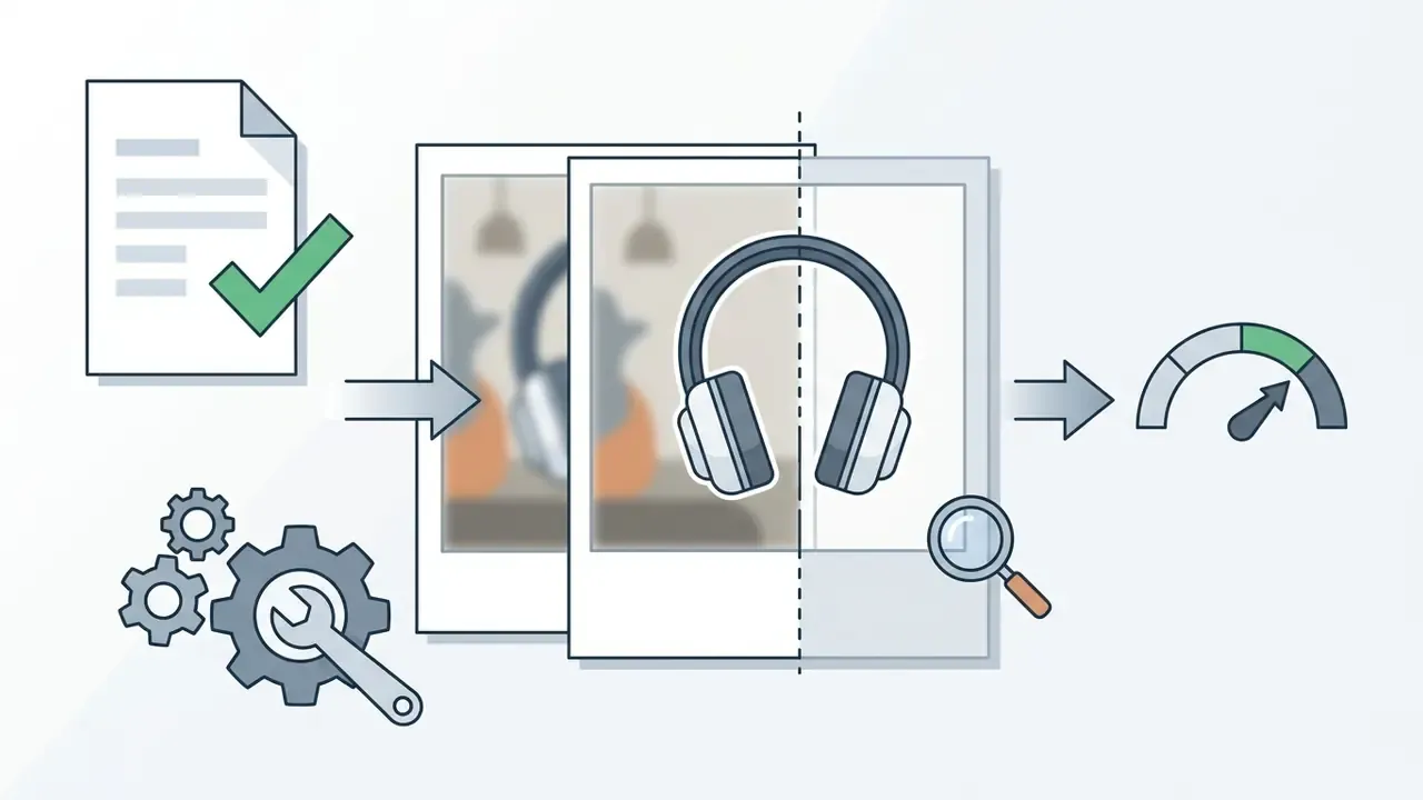 Diagram showing a document and gears leading to a photo being processed to isolate headphones