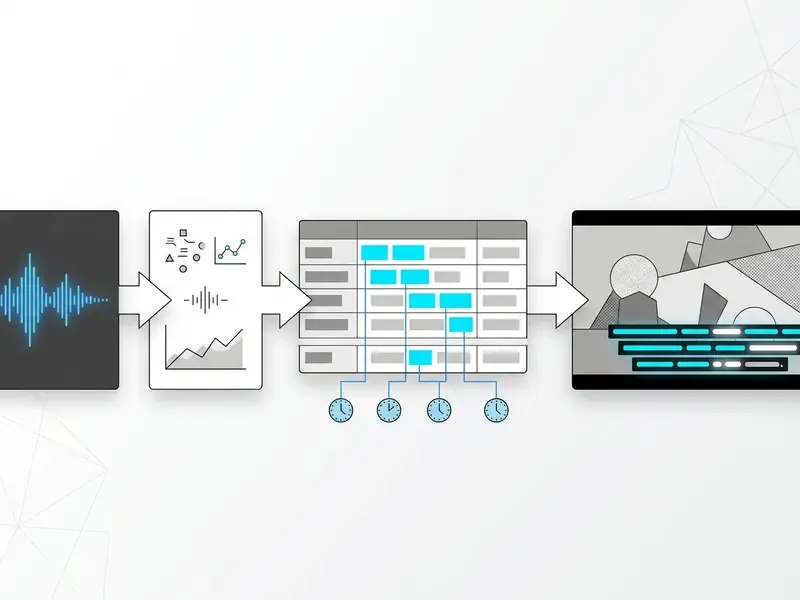 Process diagram showing audio waveform conversion into timestamped lyrics for AI video rendering