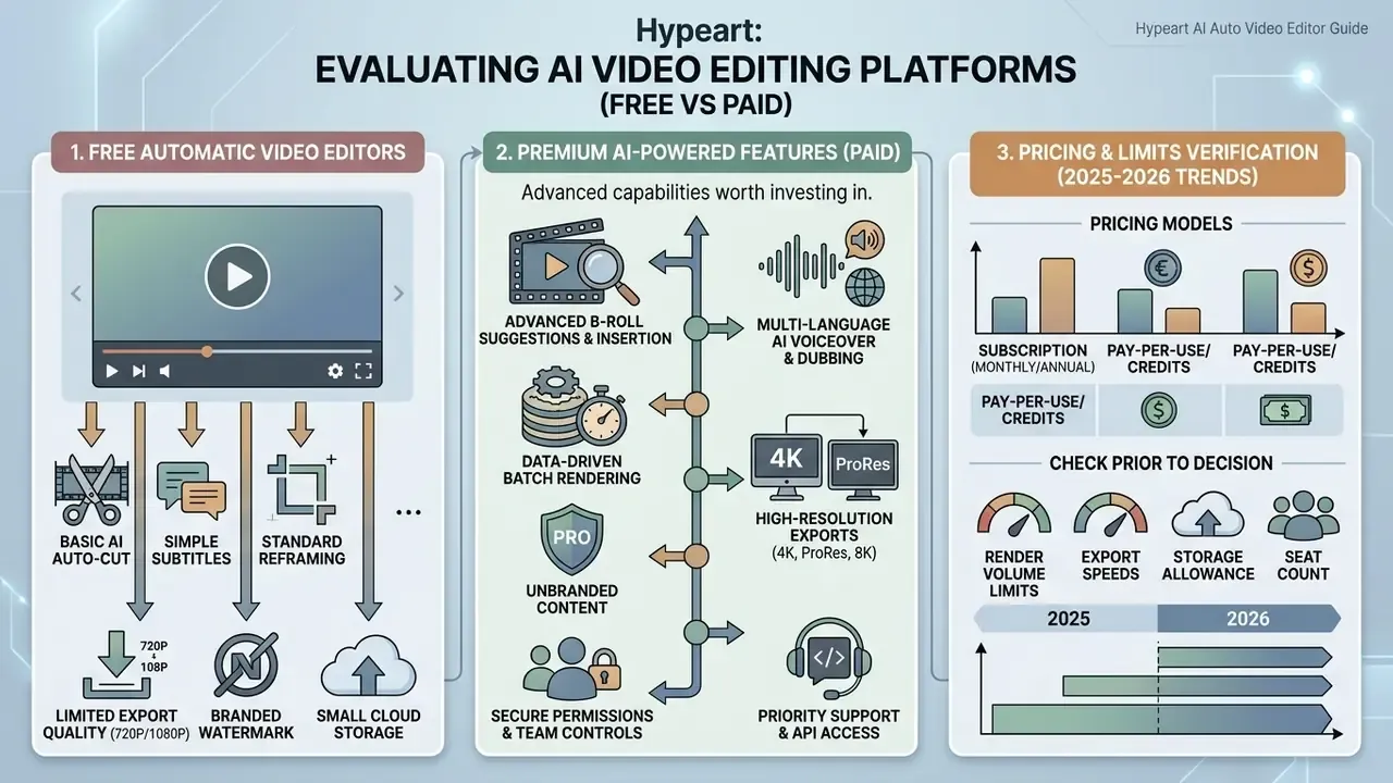 Three-part chart comparing free editing tools, premium AI features, and platform pricing models