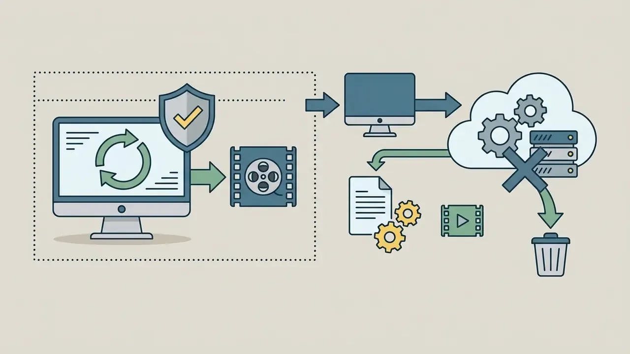 Protected local computer workflow sending files to cloud processing and deleting assets after output