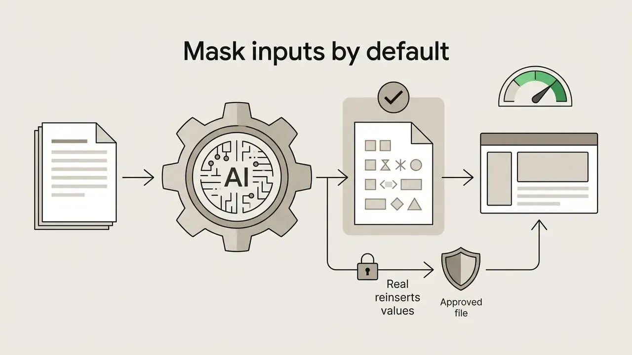 Documents moving through an AI gear to create masked content that is reinserted into an approved file