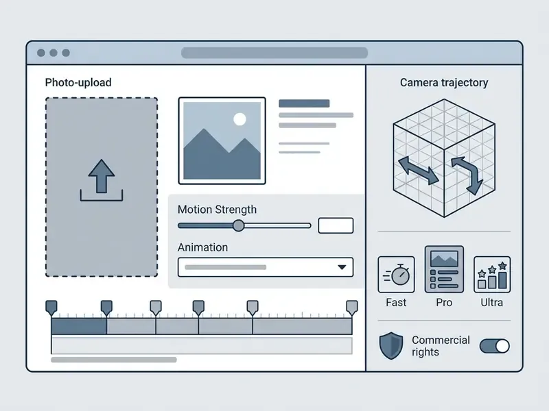 Web interface for AI image to video featuring photo upload, motion strength sliders, and camera controls