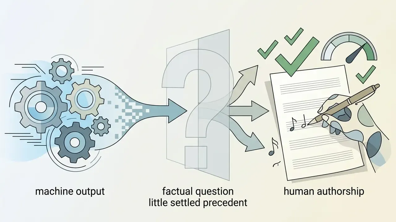 Mechanical gears processing data through a question mark into human hand editing musical notation