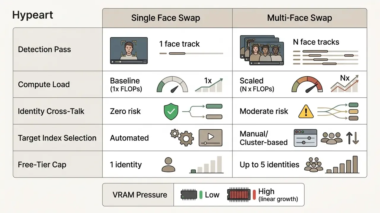 Comparison table contrasting technical metrics between single and multi-face swap video processing