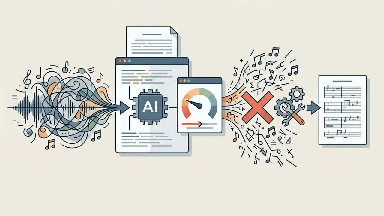 AI processing complex audio into messy notation that is repaired by tools into clean sheet music