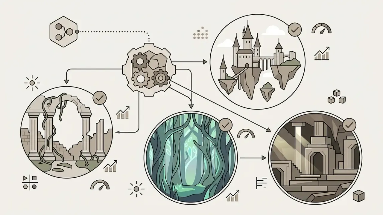 Central gear mechanism connecting to circular frames depicting a floating castle, ruins, forest, and cave