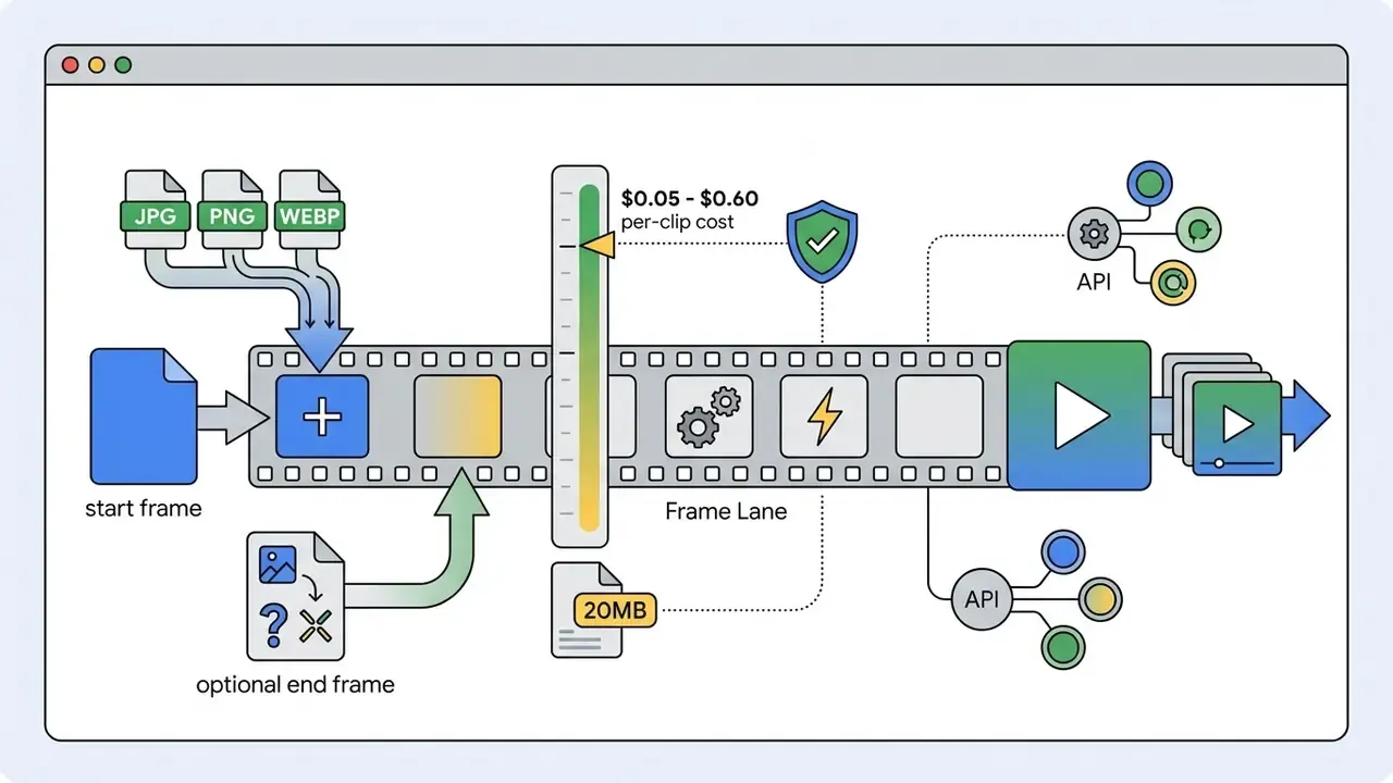 Process showing image file uploads into a Google Veo frame lane for video generation and cost estimation