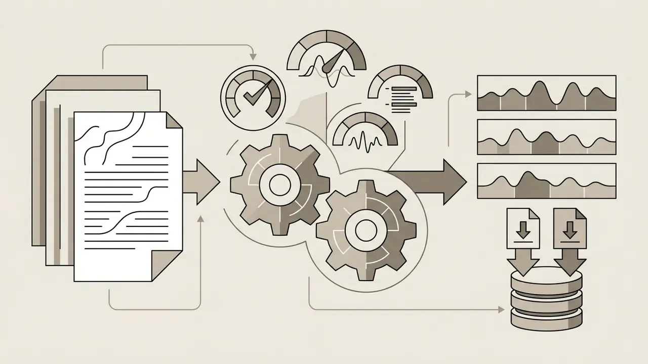 Text documents processed by gears and gauges to create audio waveforms for download as an AI voice generator
